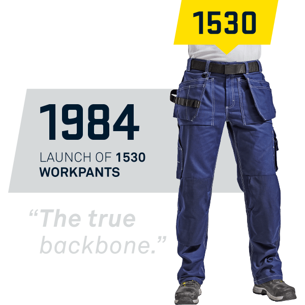 Blue work pants with branding and text on a white background