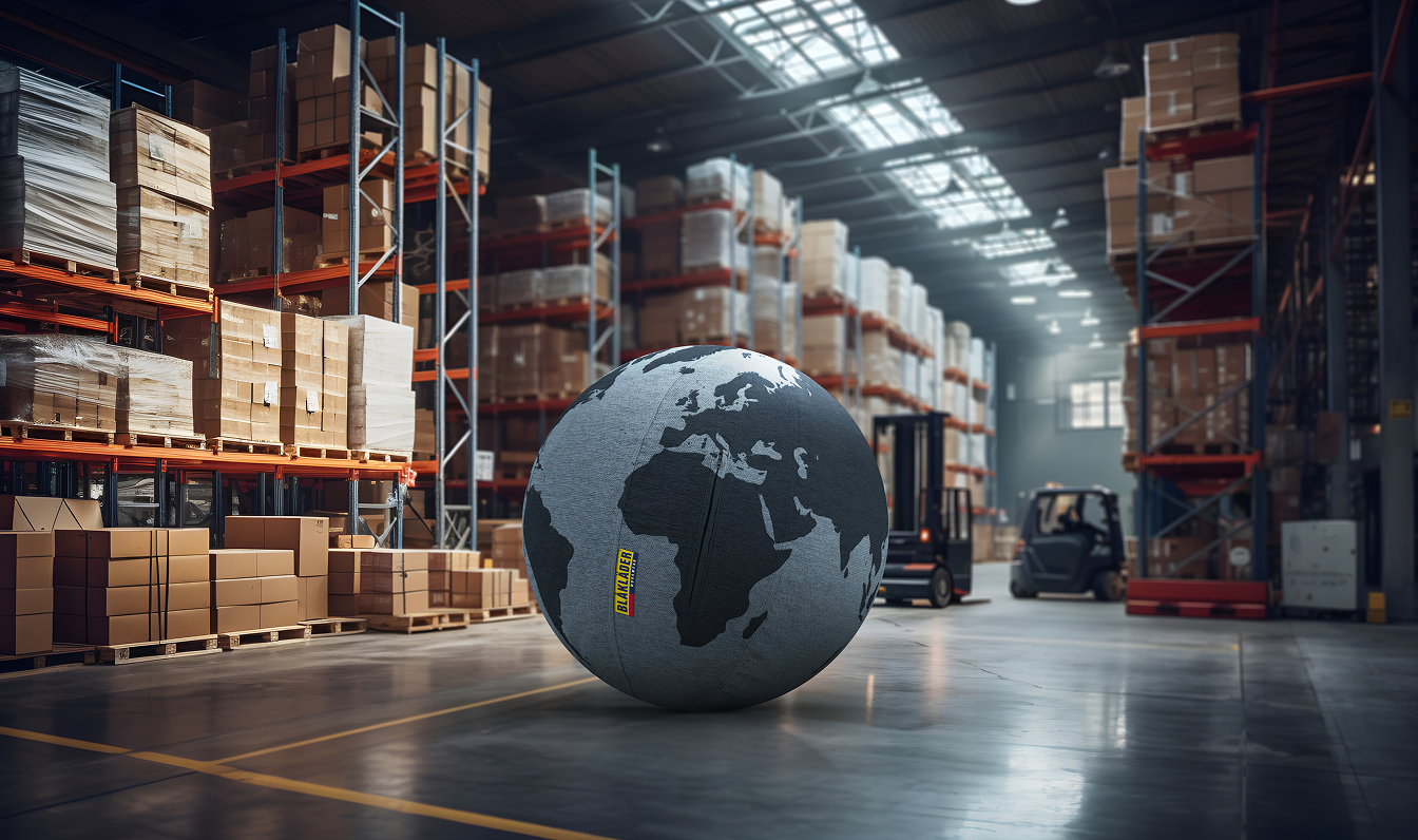 Large globe in a warehouse with stacked boxes and forklifts