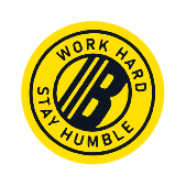 Circular logo with text 'Work Hard Stay Humble' on a yellow background