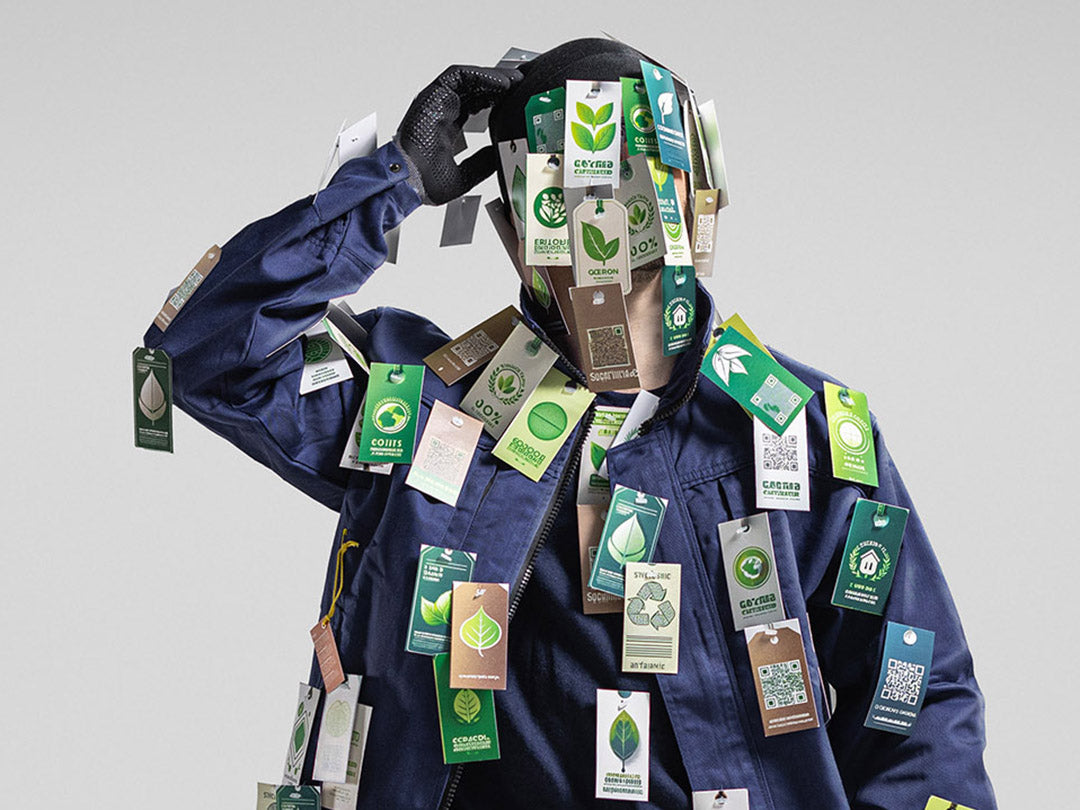 Navy blue raincoat with multiple green labels attached to it on a gray background.