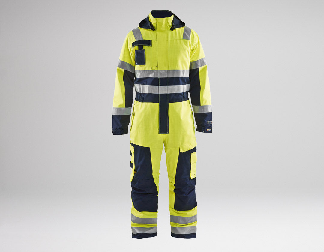 High-visibility work jumpsuit with reflective stripes on a gray background